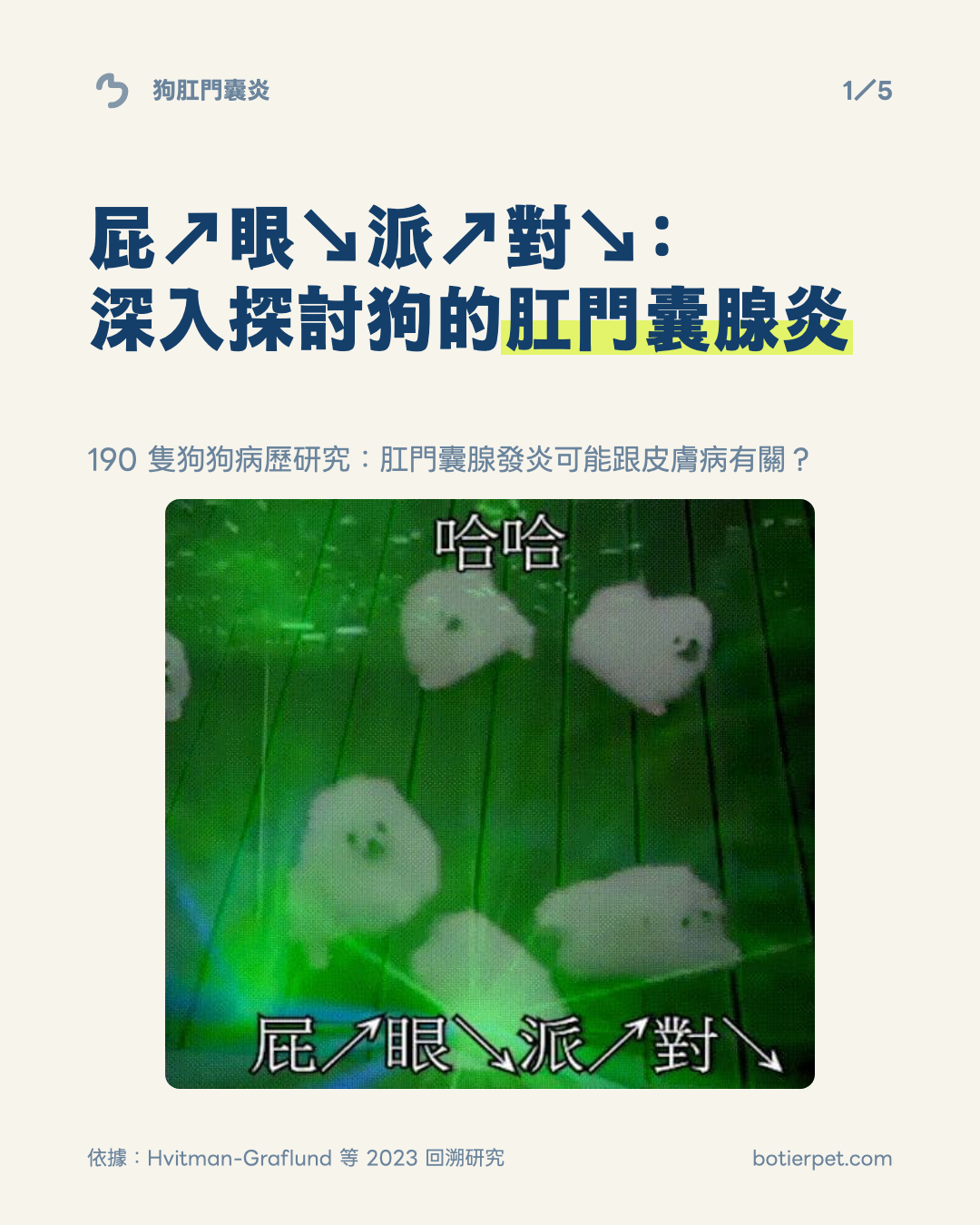 狗肛門囊炎五張輪播:屁眼派對梗圖、診斷、皮膚過敏、局部治療與居家紀錄(第 1/5 張)